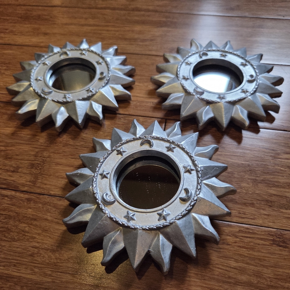 Vintage Celestial Sunburst Mini Mirror Set - Silver Moon & Stars Wall Decor 5.5”